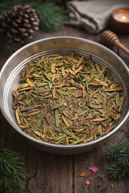 Herbal tea leaves in a metal bowl on a wooden surface with pine cones and a candle.